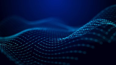 Büyük veri görselleştirmesi. Müzikal müzik akışı. Noktalar ve çizgilerin birbirine bağlandığı soyut bir arkaplan. Üç Boyut .