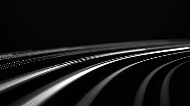 Dijital bilgi alanı arkaplanı. Hareket eden parçacıkların akışı. Büyük veri görselleştirmesi. Üç Boyut