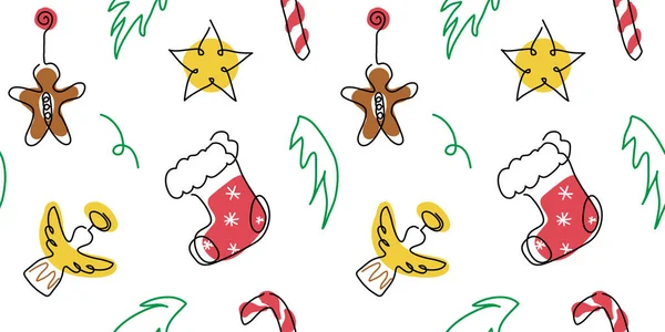 Patrón Vector Navidad Decoraciones Navideñas Con Calcetines Bastón Caramelo Estrella — Vector de stock