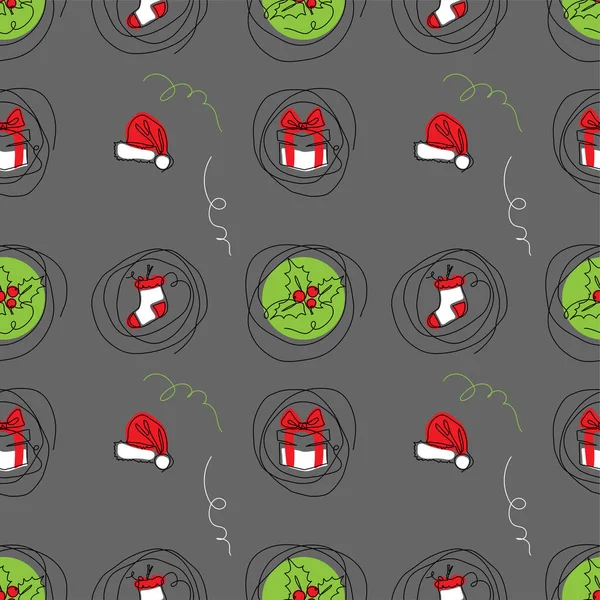 灰色の背景のXmasベクトルパターン ホリーベリー サンタ帽子 ギフトボックスとクリスマスの装飾 クリスマス パターンを描く連続線画 — ストックベクタ