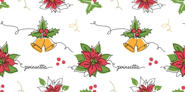 クリスマスの鐘とクリスマスの花のポインセチアとホリーベリーシームレスベクトルパターン 一連の線画パターン — ストックベクタ