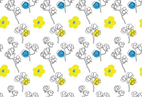 stock vector Ukrainian cotton blossom flowers vector pattern, endless texture. Cotton flowers on white background with blue and yellow ua colors.