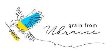 Grain from Ukraine concept. Great tit bird vector pattern in blue and yellow colors with wheatear. One continuous line art drawing Graine from Ukraine initiative illustration.