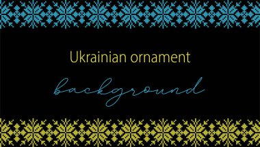 Ukrainian vector background, banner, poster.Traditional folk, ethnic ornament. Banner in yellow and blue Ukrainian flag colors on black background. Pixel art, vyshyvanka, cross stitch.