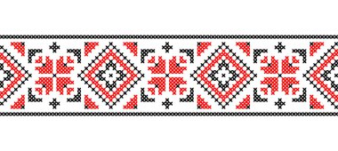 Ukrainian pattern. Vector ornament, seamless border. Ukrainian folk, ethnic geometric embroidery. Pattern in red and black colors. Pixel art, vyshyvanka, cross stitch.