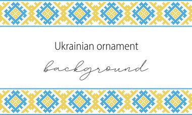 Ukrainian vector background, banner, poster.Traditional folk, ethnic ornament. Banner in yellow and blue Ukrainian flag colors. Pixel art, vyshyvanka, cross stitch.
