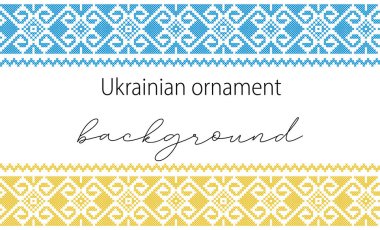Ukrainian vector background, banner, poster.Traditional folk, ethnic ornament. Background in yellow and blue Ukrainian flag colors. Pixel art, vyshyvanka, cross stitch.