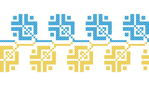 Ukrainian vector seamless ornament, border,pattern. Traditional folk, ethnic ornament. Decoration in yellow and blue Ukrainian flag colors. Pixel art, vyshyvanka, cross stitch.