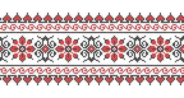 乌克兰Vyshyvanka模式 病媒花饰 乌克兰人 少数民族 传统刺绣 红色和黑色的图案 Pixel艺术 十字绣 — 图库矢量图片