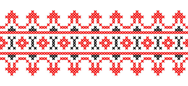 Ukrainian vector ornament, seamless border. Ukrainian folk, ethnic geometric embroidery. Ornament in red and black colors. Pixel art, vyshyvanka, cross stitch.
