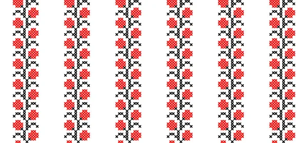 乌克兰花条纹印刷 用于纺织品 布料的矢量条纹无缝图案 传统民俗文化 红黑相间的民族装饰 Pixel Art Vyshyvanka Cross Stitch — 图库矢量图片