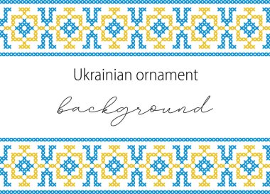 Ukrayna vektör geçmişi, afiş, gelecek nesiller. Geleneksel halk, etnik süs, nakış. Sarı ve mavi renkli arka plan. Piksel sanatı, vyshyvanka, çapraz dikiş.