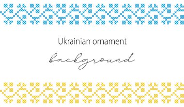 Ukrainian vector background, banner, poster.Traditional folk, ethnic ornament. Banner in yellow and blue Ukrainian flag colors. Pixel art, vyshyvanka, cross stitch.