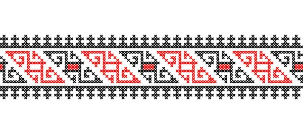 ウクライナのベクトル装飾シームレスな国境 ウクライナの民俗 民族幾何学的な刺繍 赤と黒の色の装飾 ピクセルアート Vyshyvanka クロスステッチ — ストックベクタ