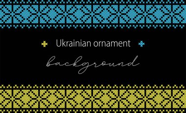 Ukrainian vector background, banner, poster.Traditional folk, ethnic ornament. Banner in yellow and blue Ukrainian flag colors on black background. Pixel art, vyshyvanka, cross stitch.