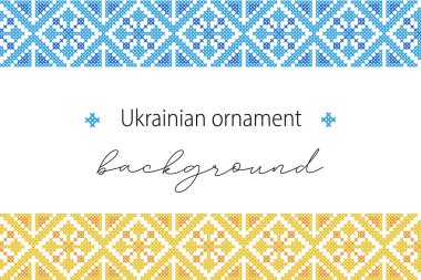 Ukrainian vector background, banner, poster.Traditional folk, ethnic ornament. Background in yellow and blue Ukrainian flag colors. Pixel art, vyshyvanka, cross stitch.