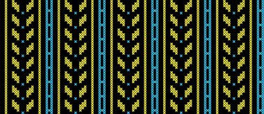 Ukrayna 'nın kusursuz moda modeli. Mavi ve sarı renklerde dekorasyon. Ukrayna dikey çizgileri moda deseni. Piksel sanatı, vyshyvanka, çapraz dikiş.