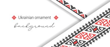 Ukrayna minimalist vektör arka planı, afiş, kağıt katmanları ve gölgeli poster. Çapraz dikiş süslemeli Ukrayna kırmızı ve siyah arkaplanı.