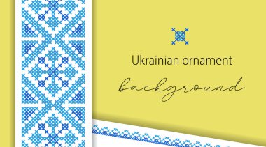Ukrayna 'da basit mavi ve sarı katmanlı pankart, arka plan, etnik süslemeli poster.