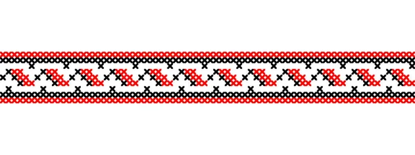 乌克兰矢量装饰品 无缝边界 乌克兰人 民族几何绣花 红色和黑色的装饰品 Pixel Art Vyshyvanka Cross Stitch — 图库矢量图片
