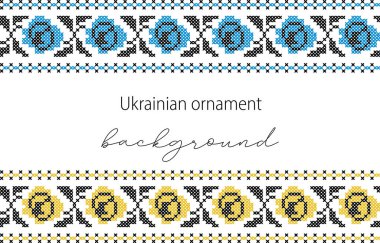Ukrayna vektör geçmişi, afiş, güllü poster. Geleneksel halk, etnik süs. Sarı ve mavi Ukrayna bayrağı renginde arka plan. Piksel sanatı, vyshyvanka, çapraz dikiş.