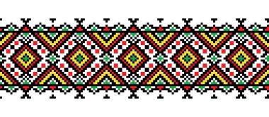 Ukrayna rengarenk işlemeli vektör deseni. Karpatya bölge süsü. Piksel sanatı, vyshyvanka, çapraz dikiş. Ukrayna halkı, etnik sınır düzeni, tekstil veya kumaş baskısı.