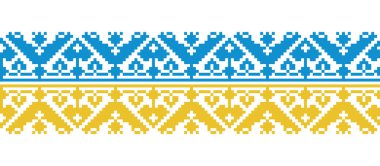 Ukrayna bayrağı deseni. Vektör süsü, dekoratif kenar, arka plan. Sarı ve mavi renklerde Ukrayna bayrağı. Piksel sanatı, vyshyvanka, çapraz dikiş.