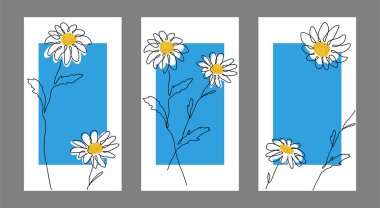 Papatyalı mavi ve sarı sosyal medya şablonları. Gönderiler ya da hikayeler için vektör arkaplan. Sürekli çizilen papatya çizimleri..