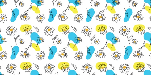 Ромашки Цветочный Векторный Узор Украинском Синем Желтом Цветах Одна Сплошная — стоковый вектор