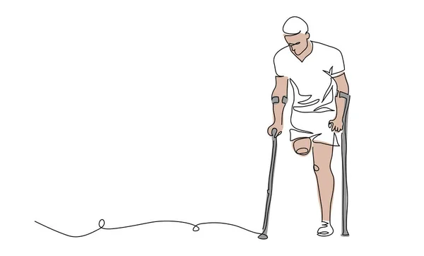 截断腿的残疾人 用拐杖支撑和行走 一张连续的线条画 残疾人的简单矢量说明 — 图库矢量图片