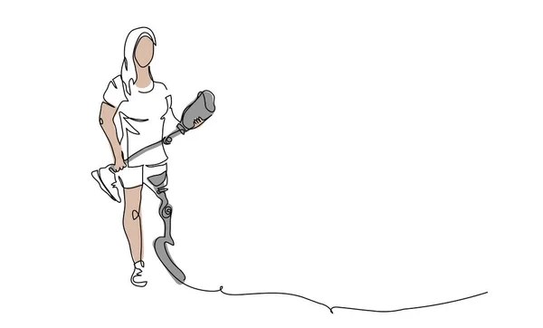 女人站在假肢上 女人有假腿 一张连续的线条画 假肢的简单矢量图解 回收概念 — 图库矢量图片
