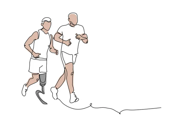 残疾人和他的朋友一起使用假肢 有假腿的人出去散步了 一张连续的线条画 用假肢进行活动的简单载体说明 恢复概念 — 图库矢量图片