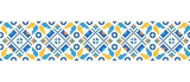Tekstil, kumaş ve kumaş için Ukrayna nakış deseni. Vektör kusursuz desen, iz. Ukrayna halk nakışı, sarı ve mavi renkli etnik süs. Piksel sanatı, vyshyvanka, çapraz dikiş.