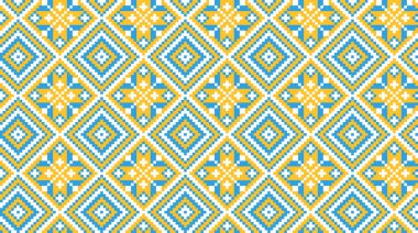 Ukrayna 'nın tekstil, kumaş, kumaş, dikişsiz desen, iz. Ukrayna halkı, sarı ve mavi renkli etnik model. Piksel sanatı, vyshyvanka, çapraz dikiş.