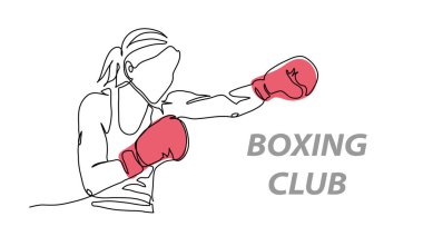 Boks kadın vektör illüstrasyonu. Sportif boksör bir kadının sürekli çizdiği kırmızı eldiven..
