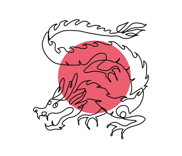 Japanische Drachenvektorillustration Mit Rotem Kreis Eine Durchgehende Linienzeichnung Des Drachen — Stockvektor