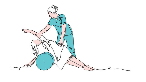 Векторная иллюстрация физиотерапии. Позвоночник, восстановительная терапия. Одна сплошная линия искусства рисования физиотерапии.