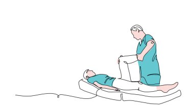 Bacak rehabilitasyon terapisi, masaya masaj. Fizyoterapi vektör çizimi. Bacak tedavisinin kesintisiz bir çizimi.
