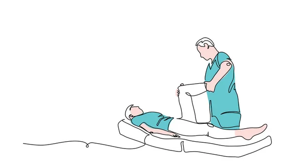腿康复治疗 按摩桌子 理疗病媒说明 腿治疗的一种连续线条画法 — 图库矢量图片