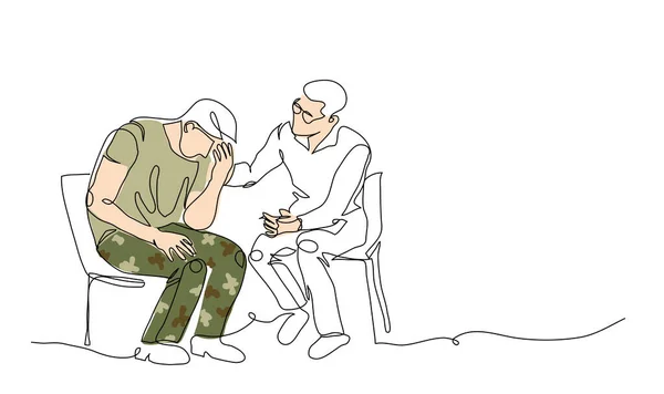 Ptsd治疗 创伤后应激障碍治疗病媒图例 退伍军人 士兵和心理治疗师 Ptsd治疗的一种连续线条艺术绘图 — 图库矢量图片