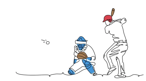 野球選手はポジションでキャッチャーとバッターマン 野球選手の連続したラインアート — ストックベクタ