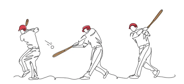 棒球运动员在击球时挥动球棒 主要动议 矢量草图 棒球命中率的连续线条图 — 图库矢量图片