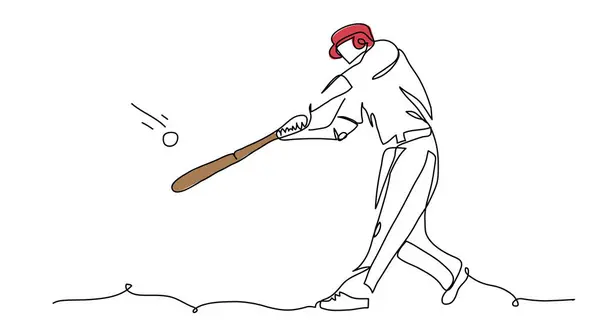 Giocatore Baseball Colpisce Palla Con Una Mazza Disegno Linea Continua — Vettoriale Stock