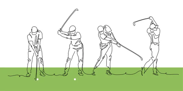 ゴルファーはゴルフコースでスイングモーションをする ベクトルイラスト ゴルファーの連続したラインアート — ストックベクタ