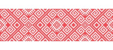 Tekstil, kumaş ve kumaş için Ukrayna kırmızı süsü. Vektör kusursuz desen, iz. Ukrayna halkı, etnik süs. Piksel sanat vyshyvanka, çapraz dikiş.