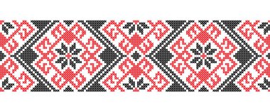 Tekstil, kumaş ve kumaş için Ukrayna süsü. Vektör kusursuz desen, iz. Ukrayna halkı, etnik süs. Piksel sanat vyshyvanka, çapraz dikiş.