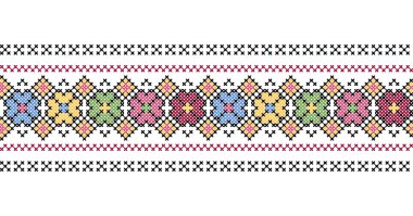 Tekstil, kumaş, kumaş ve kumaş için Ukrayna nakış deseni. Vektör kusursuz desen, iz. Ukrayna rengarenk halk nakışı, etnik süs. Piksel sanatı, vyshyvanka, çapraz dikiş.