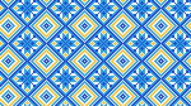Ukrayna 'nın tekstil, kumaş, kumaş, dikişsiz desen, iz. Ukrayna halkı, sarı ve mavi renkli etnik model. Piksel sanatı, vyshyvanka, çapraz dikiş.