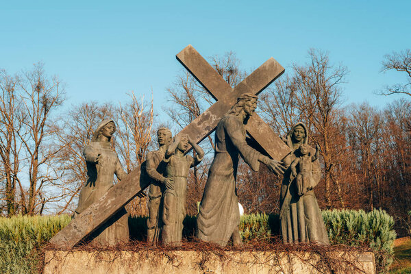 8th Station of the cross, Jesus Consoles the Daughters of Jerusalem, pilgrimage Sanctuary, Assumption of the Virgin Mary. Marija Bistrica, Croatia.
