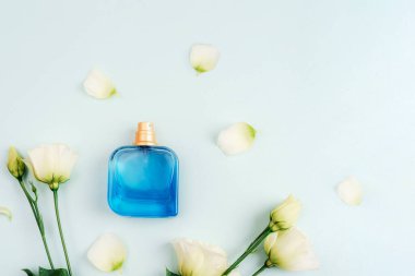 Blue perfume bottle and white eustoma flowers on light blue background. Top view, flat lay, mockup.